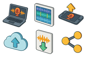 Set of audio and technology icons featuring microphone and cloud upload symbols