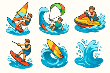 Cartoon water sports: surfing, windsurfing, kitesurfing, jet skiing, waves
