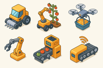 Futuristic agricultural robots and drones in farming technology concept