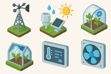 Smart greenhouse technology icons: weather station, solar panel, thermometer, ventilation, growth