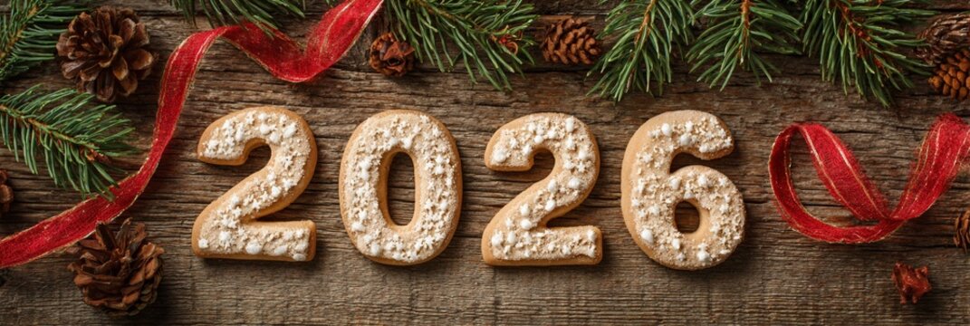Festive holiday scene with rustic wooden background featuring gingerbread cookies spelling out the year 2026, surrounded by pine branches, pinecones, and red ribbons