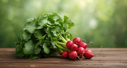 Fresh red radishes with green leaves on wooden surface, suitable for organic gardening projects