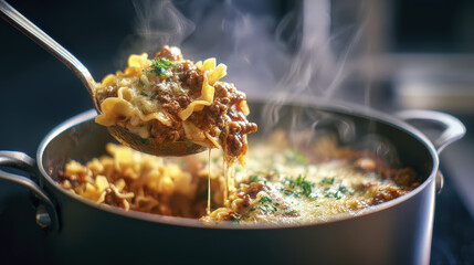 Ladle of Hot Lasagna Soup Being Served Over Pot