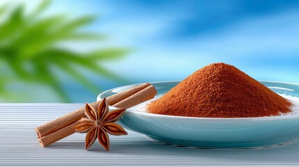 Close-up of cinnamon sticks, star anise, and a plate of spices, with a vibrant blue and green background.