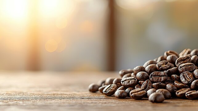 Close up of a pile of rich dark roasted coffee beans on a wooden surface with warm sunlight in the background highlighting the texture and aroma of the coffee beans