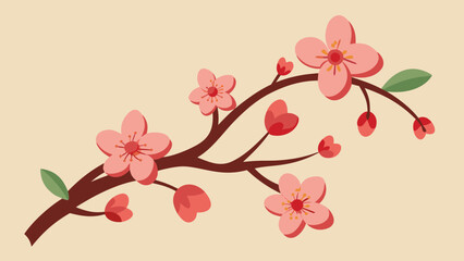 Cherry blossom branch with pink flowers and green leaves in flat style on beige background