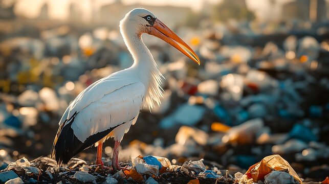 White bird standing among plastic waste in polluted environment
 - Powered by Adobe