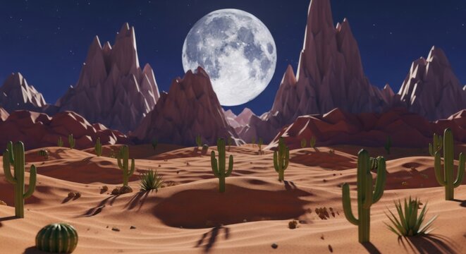 Tranquil desert landscape under a full moon, with towering rock formations - Powered by Adobe