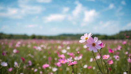 Blooming cosmos flowers in the field captured during peak season, ideal for floral background design