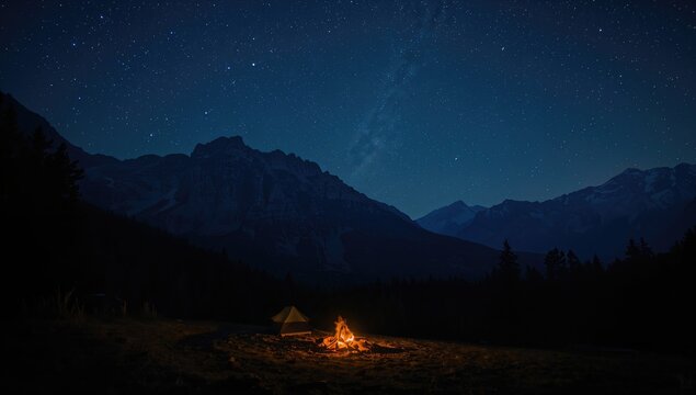 Night mountain landscape with rugged peaks under starry sky, emphasizing natural erosion processes, Earth Day