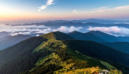 Mountain ridge at sunrise over misty valleys.