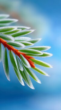 A macro shot of a pine branch with frosty needles against a soft blue background. The image highlights the intricate details and textures of nature.