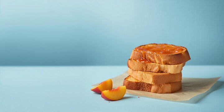 Slices of bread spread with peach jam on colorful background, suitable for text layout or editorial design, World Food Day - Powered by Adobe