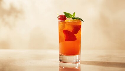 Obraz premium Colorful cocktail garnished with strawberries and lemon slices, suitable for a summer refreshment, Earth Day