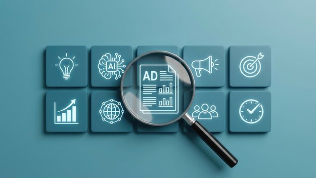 Magnifying glass over ad document with icons on blue surface showing business and technology concepts