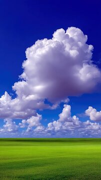 A vibrant landscape featuring a bright blue sky filled with fluffy white clouds above a vast green field. The scene is bathed in sunlight.