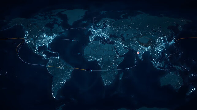 Global Data Network Connections on World Map, Digital Communication and Business Logistics, Worldwide City Lights and Transport