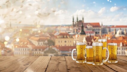 Beer mugs on a wooden table surface, suitable for social gatherings