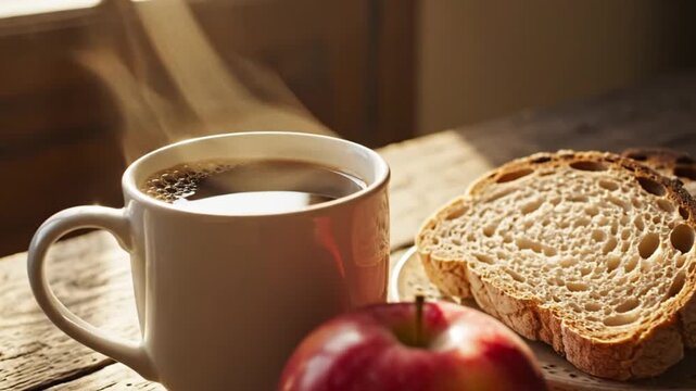A warm and inviting morning scene captured with soft, natural light, showcasing a steaming white mug of hot coffee or tea, with gentle vapor gracefully rising. The beverage sits on a rustic wooden tab