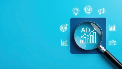 Magnifying glass focusing on an ad chart with icons on a blue background in a studio setting