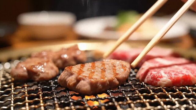 Close up of chopsticks grilling premium marbled beef on charcoal stove. Japanese Yakiniku style barbecue meal with smoke.
