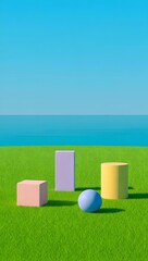 Pastel geometric shapes on green grass against a blue sky and ocean background