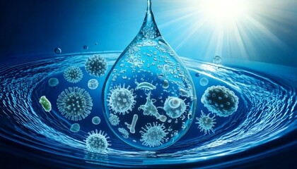 Water drop with bacteria and viruses.