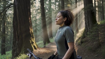 Woman mountain biker pausing on a serene forest trail, taking a deep mindful breath in golden sun rays for mental wellness concept and nature connection
