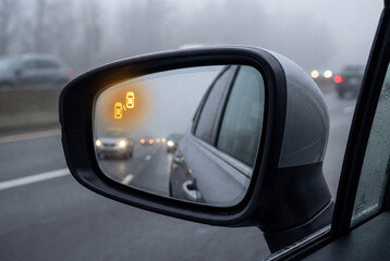 Car side mirror with illuminated blind spot warning light driving in foggy weather traffic