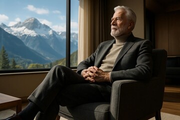 An older man sitting in a comfortable chair, looking out of a large window with a mountain view, deep in thought.