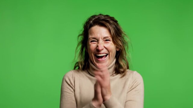 Woman in beige turtleneck laughs broadly against green screen background with hands clasped or open during continuous motion
