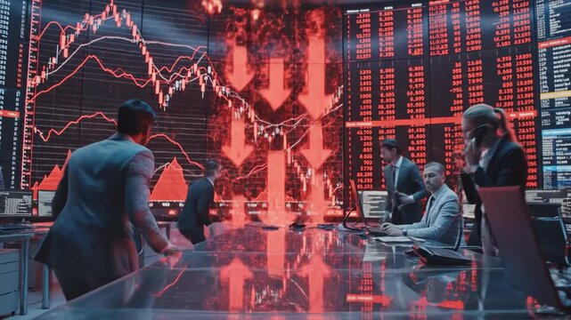 Two traders monitor financial data on large screens showing fluctuating stock charts and numerical values in a modern trading room
