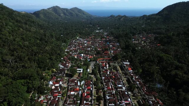 Orange roofs of a balinese village from a height of hundreds of meters