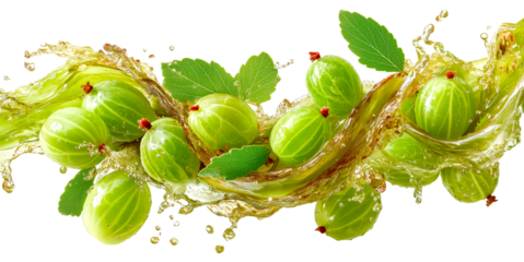 Gooseberry juice splash ribbon twist fresh green fruit water motion vibrant energy flows around fresh gooseberry dynamic juice splash ribbon twist with scattered berries and leaves, isolated