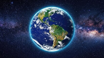 Obraz premium A view of planet earth from space with visible continents and cloud cover against a starry backdrop