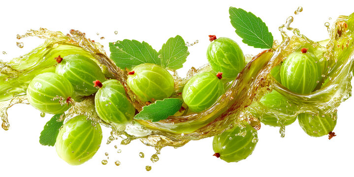 Gooseberry juice splash ribbon twist fresh green fruit water motion vibrant energy flows around fresh gooseberry dynamic juice splash ribbon twist with scattered berries and leaves, isolated - Powered by Adobe