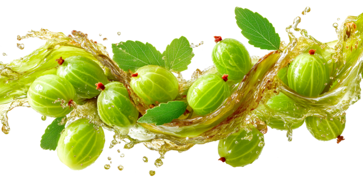Gooseberry juice splash ribbon twist fresh green fruit water motion vibrant energy flows around fresh gooseberry dynamic juice splash ribbon twist with scattered berries and leaves, isolated