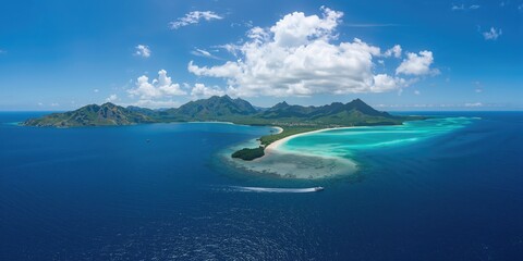 Aerial view of Padar island in the Komodo islands, showing rugged terrain and lush coastline, Earth Day