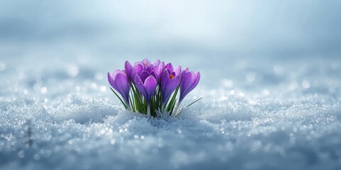 Violet crocus flowers emerging through fresh snow, early spring seasonal change