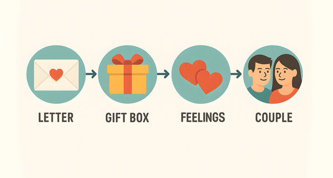 Infographic of Romantic Gift Exchange with Letter, Present, Emotional Connection and Loving Couple