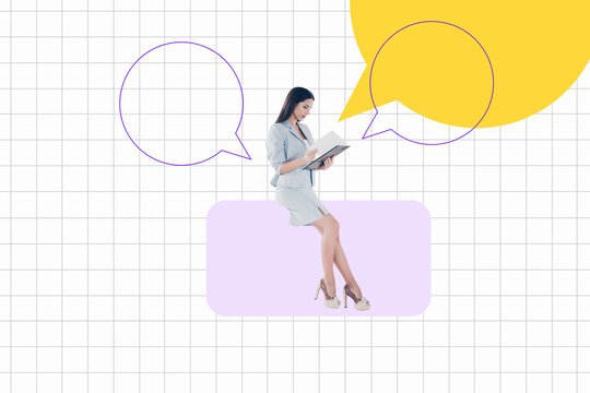 Exclusive 3d image full photo collage of serious businesswoman hold clipboard bubble phrase read documentation chatterbox