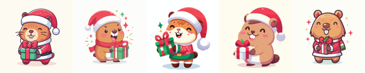 cute capybara character vector in Christmas clothes carrying gifts