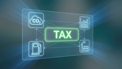 Fototapeta premium Glowing screen displaying tax connected to industry and fuel with chart and co two symbol