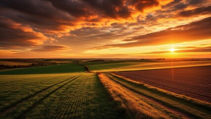 Naklejka premium Golden Fields A sunset path guides the eye in a vibrant landscape.