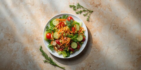 Above shot of a salad with carrot, tomato, and cucumber on a natural stone surface, emphasizing fresh produce for healthy eating, World Food Day