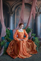 A red-haired girl in a medieval outfit at a ball in a castle interior