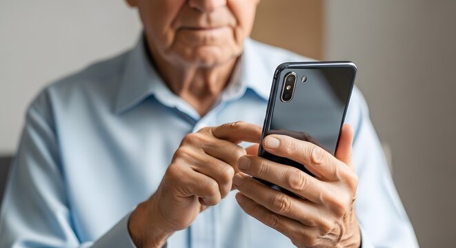 Elderly man using modern smartphone, learning new technology. Senior person embracing digital communication for connection.