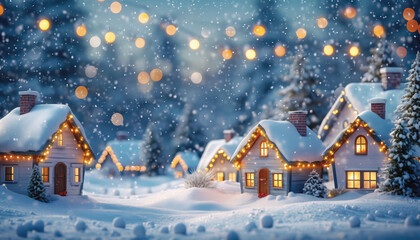 Fototapeta premium Small house covered with snow. Golden orange Christmas lights or bokeh lights glow in and around the background.
