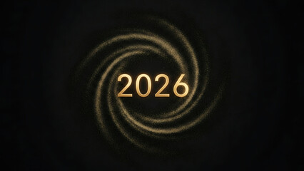 Golden 2026 year number surrounded by swirling sparkling dust effect