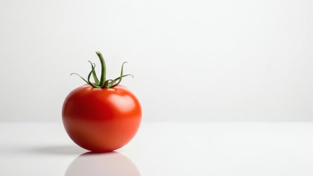 Fresh Tomato Glossy Red Orb Against White with Food Photography, and Simple Beauty.